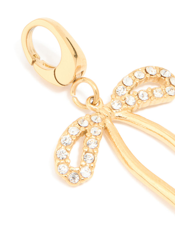 Waterproof Gold Plated Stainless Steel Pavé Cubic Zirconia Bow Charm