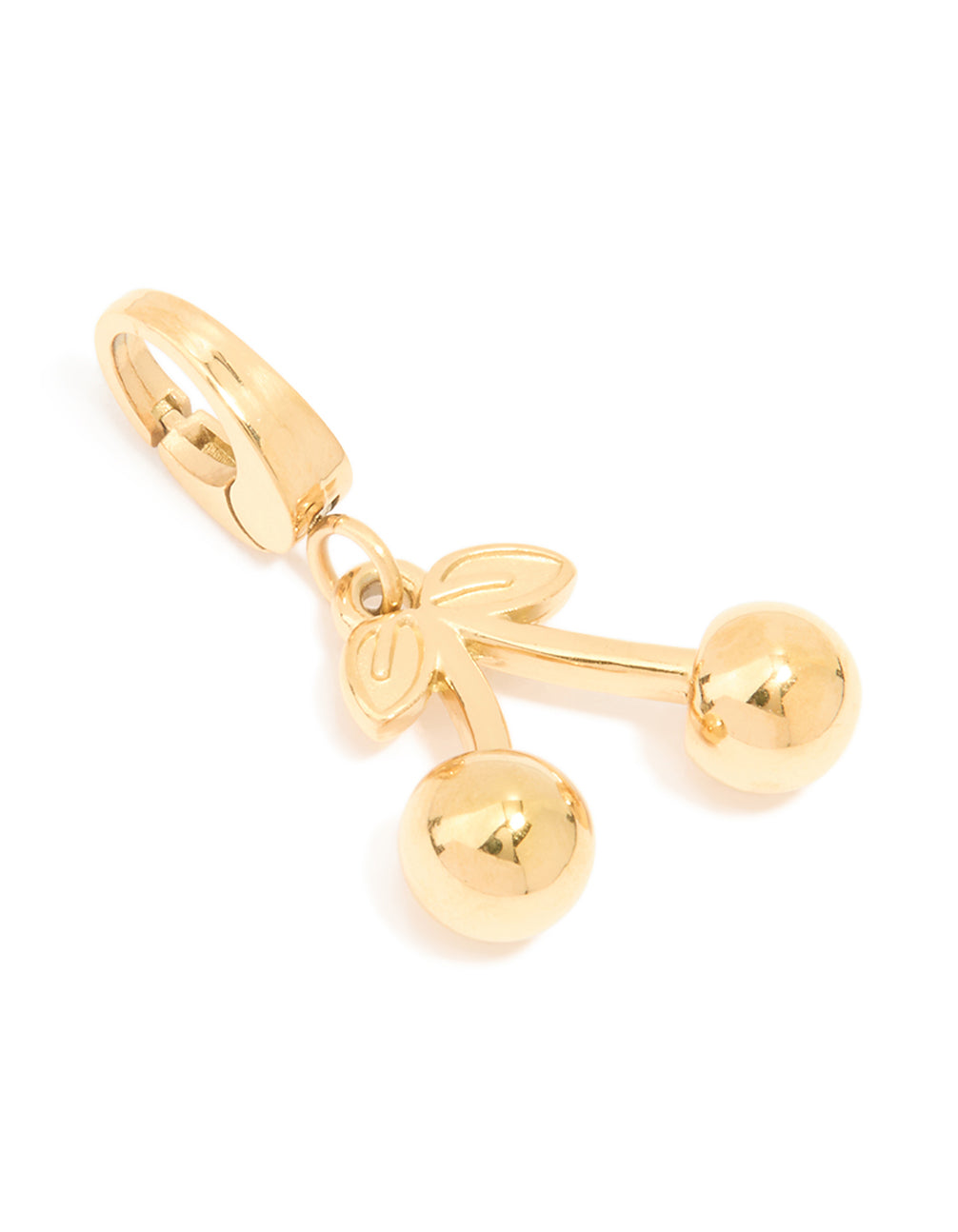 Showcasing a waterproof cherry fruit charm, crafted from stainless steel in dainty gold plated finish front view