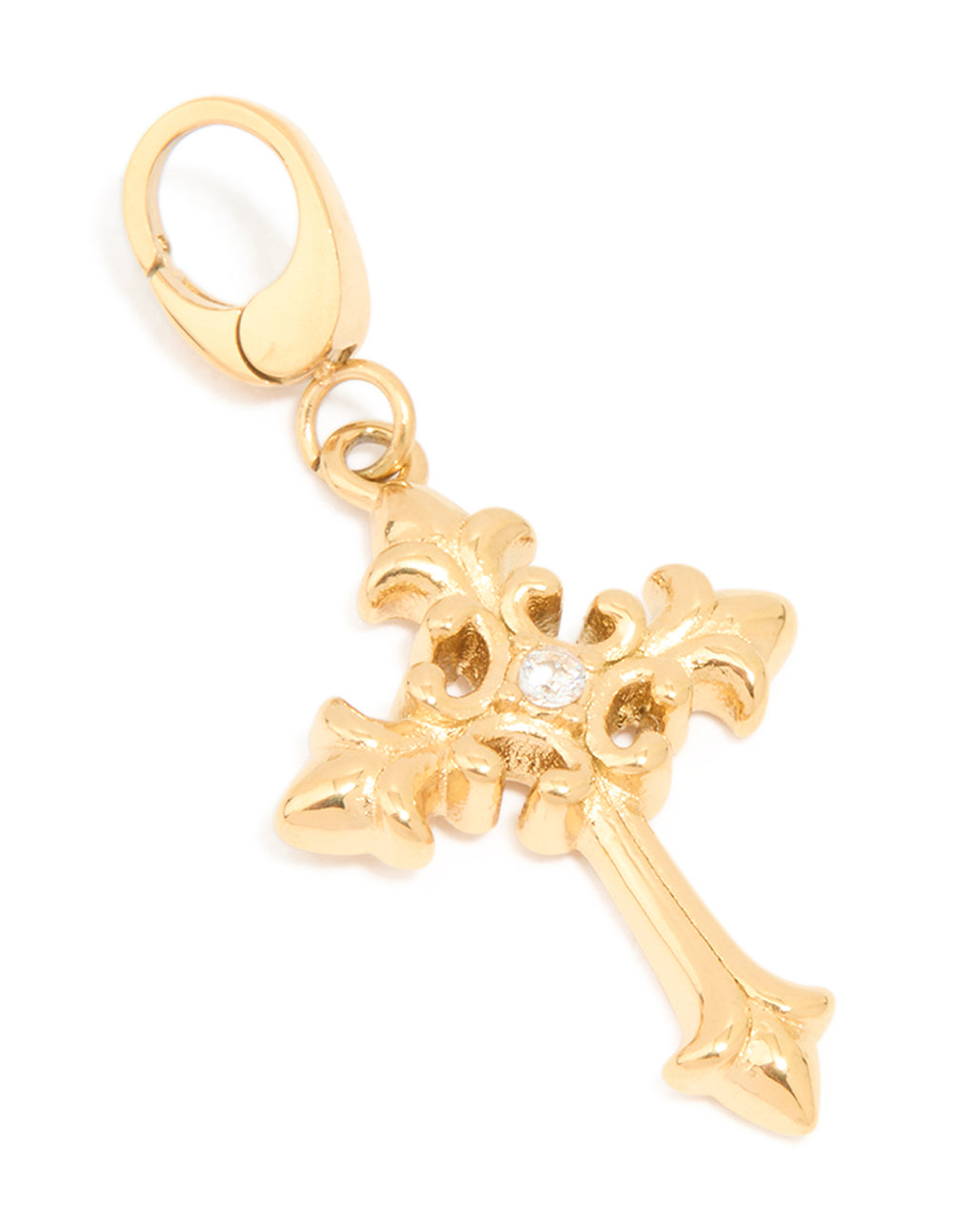 Beautifully crafted cross charm featuring waterproof gold plated stainless steel with dainty styling front view