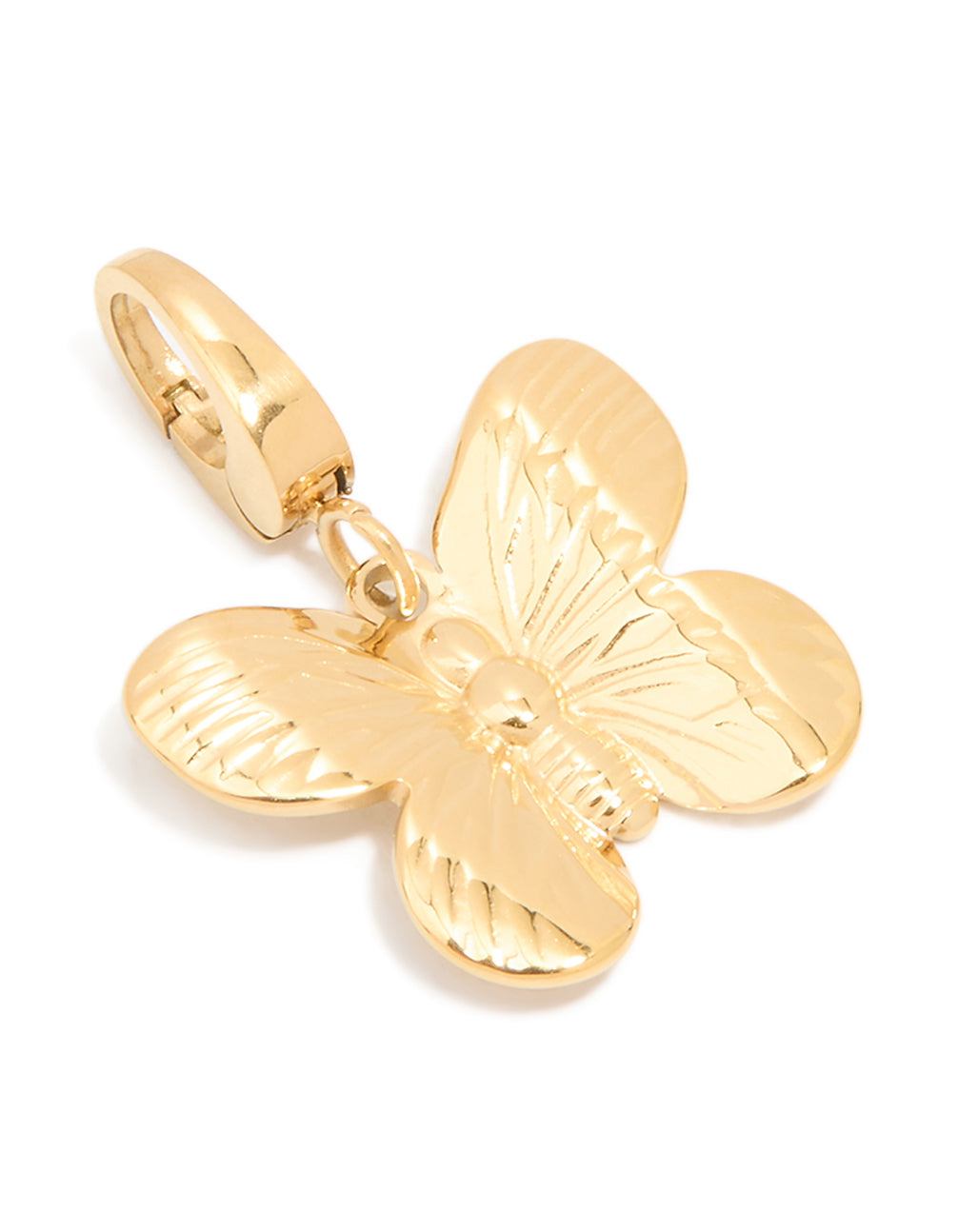 Beautifully crafted waterproof butterfly charm in gold plated stainless steel front view