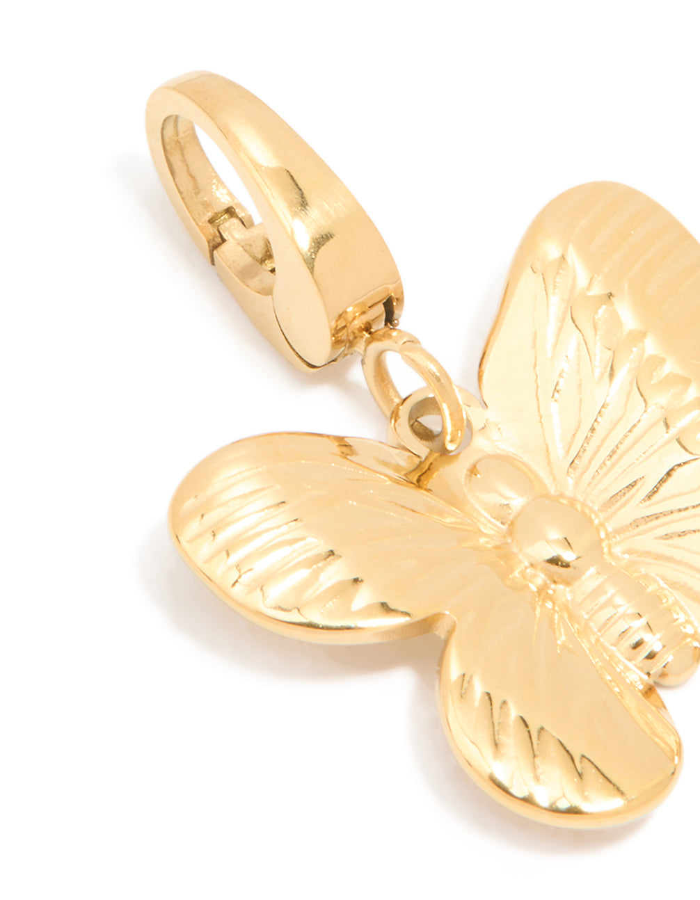 Designed with waterproof butterfly charm in gold plated stainless steel clasp detail view