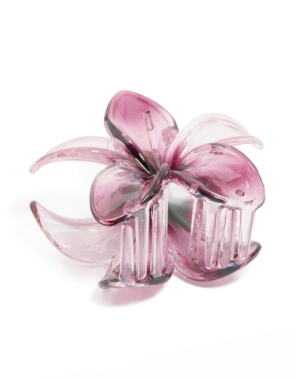 Showcasing a dark purple ombre frangipani flower claw clip in plum, thistle, orchid, and gold side view