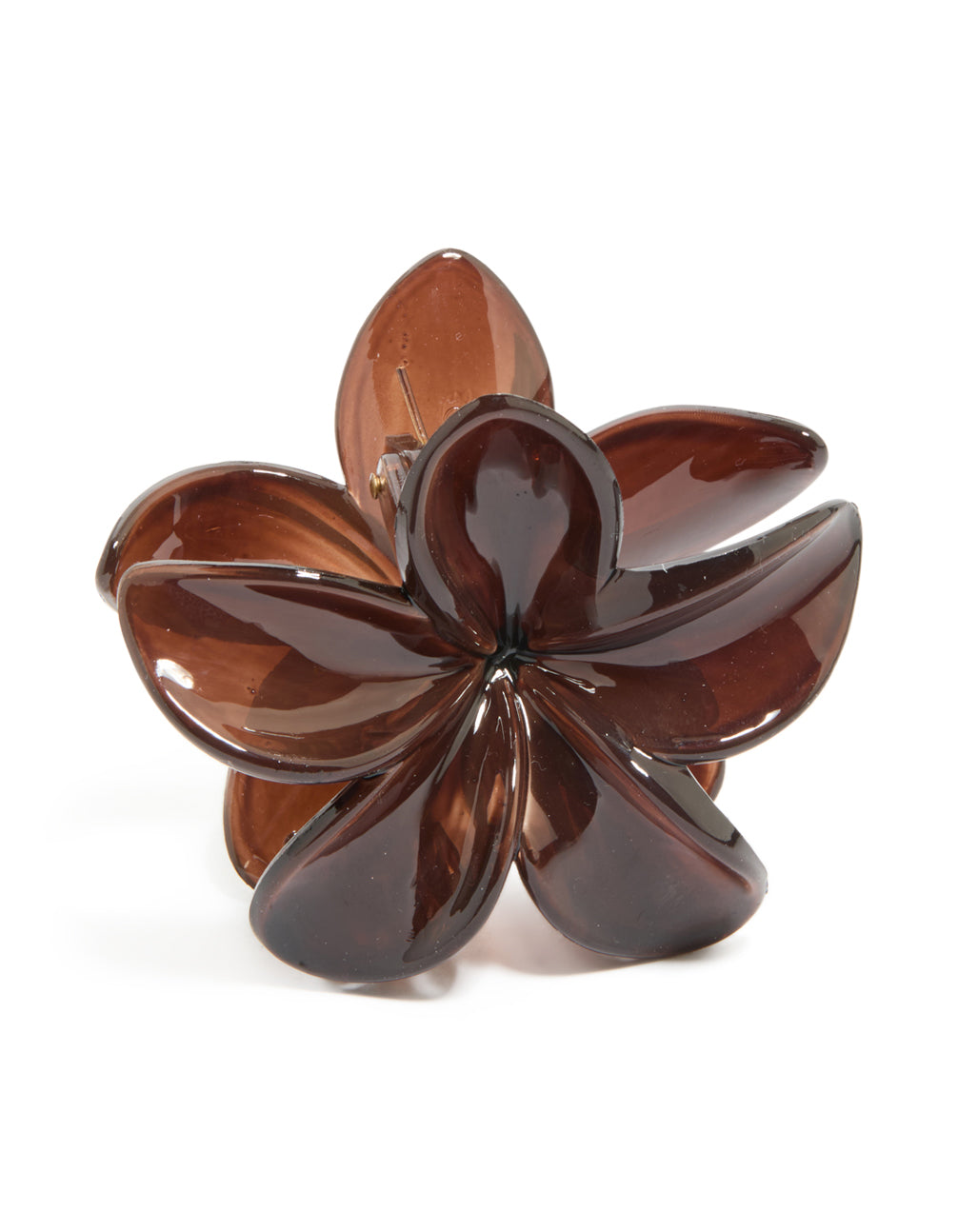 Showcasing the floral petal silhouette, this brown solid claw clip in saddle brown and sienna hues, side view