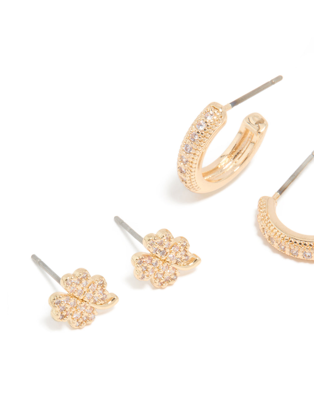 Gold Cubic Zirconia Clover & Hoop Earrings 3-Pack