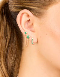 Gold Green Cubic Zirconia Floral Chain & Huggie Earrings 2-Pack - link has visual effect only