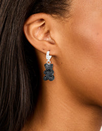 Silver Cubic Zirconia & Black Teddy Bear Huggie Earrings - link has visual effect only