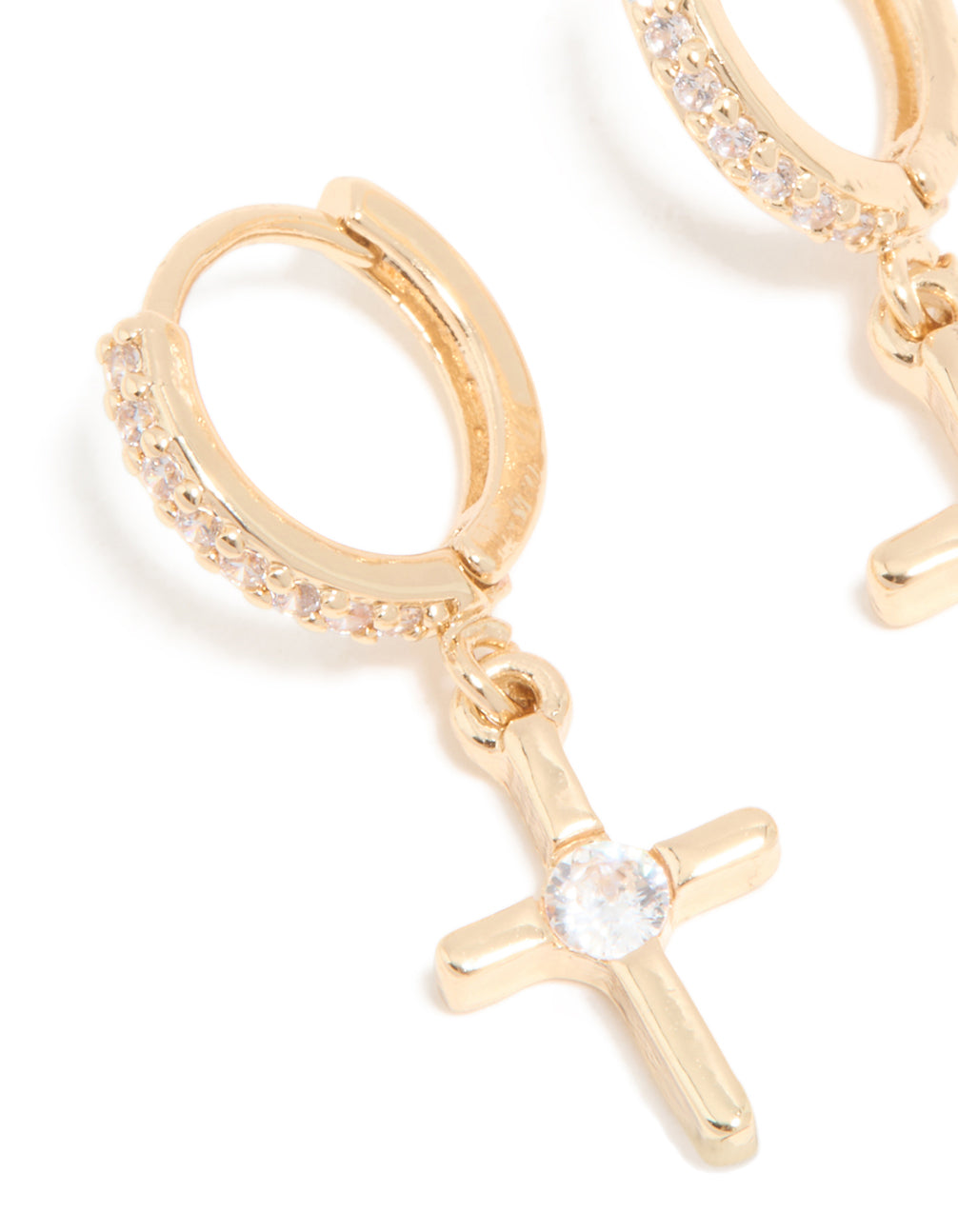 Gold Cubic Zirconia Cross Drop Huggie Earrings