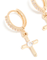 Gold Cubic Zirconia Cross Drop Huggie Earrings - link has visual effect only