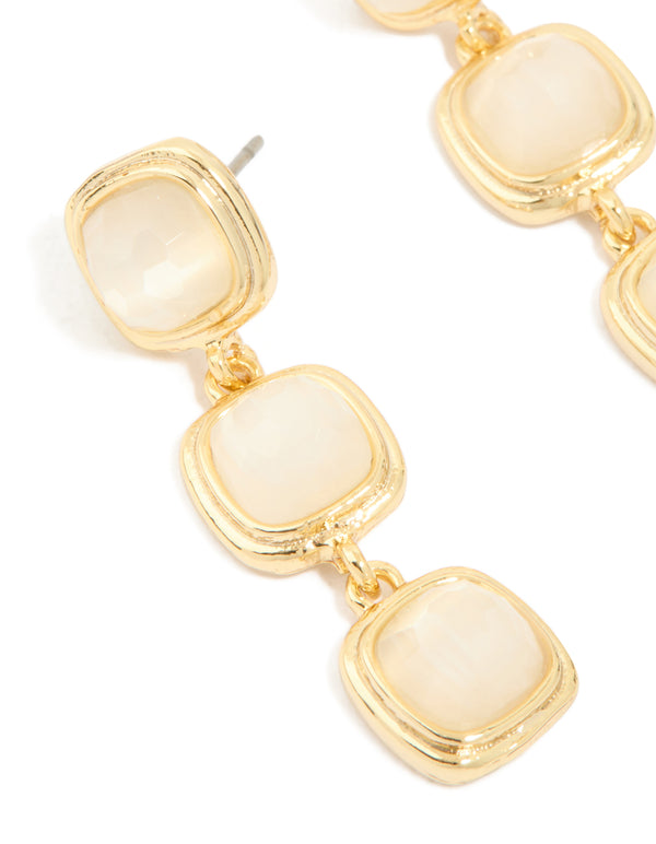 Gold Plated Stone Trio Square Drop Earrings