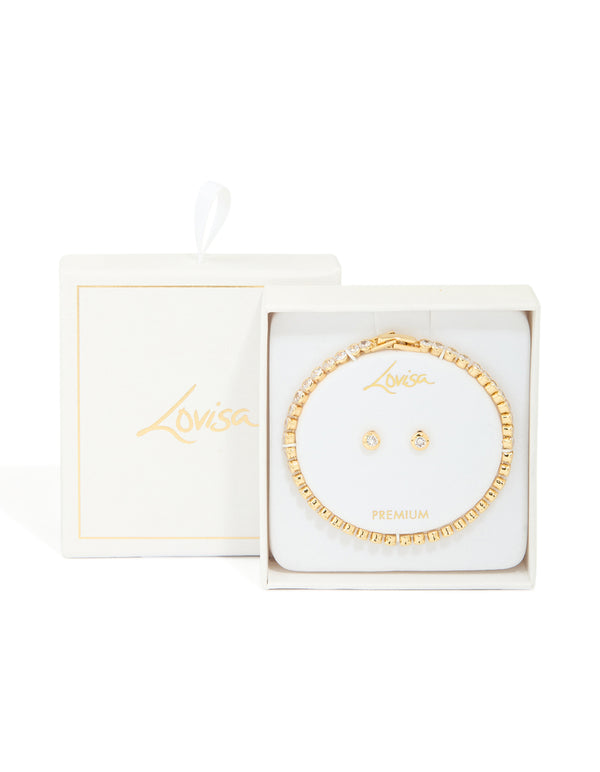 Gold Plated Cubic Zirconia Tennis Bracelet & Earrings Set