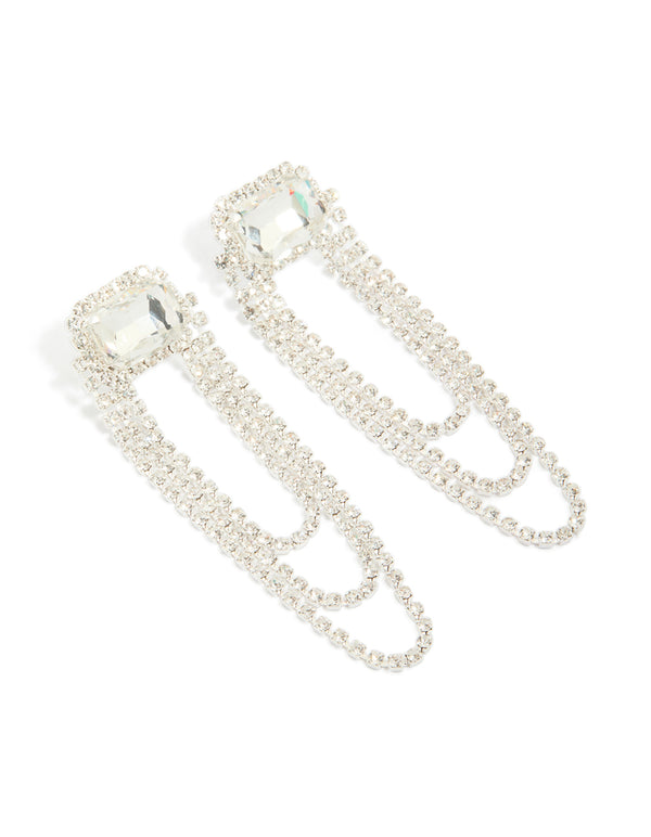 Silver Diamante & Layered Chain Drop Earrings