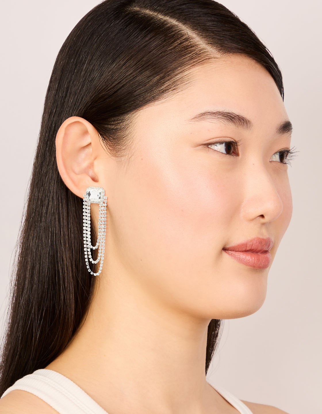 Silver Diamante & Layered Chain Drop Earrings