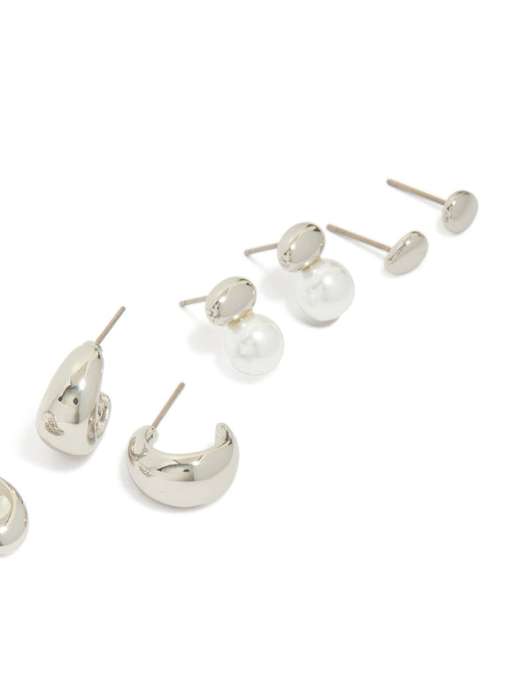 Silver Pearl & Multi Orb Stud Earrings 6-Pack