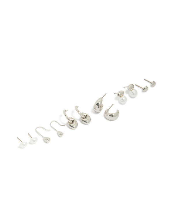 Silver Pearl & Multi Orb Stud Earrings 6-Pack
