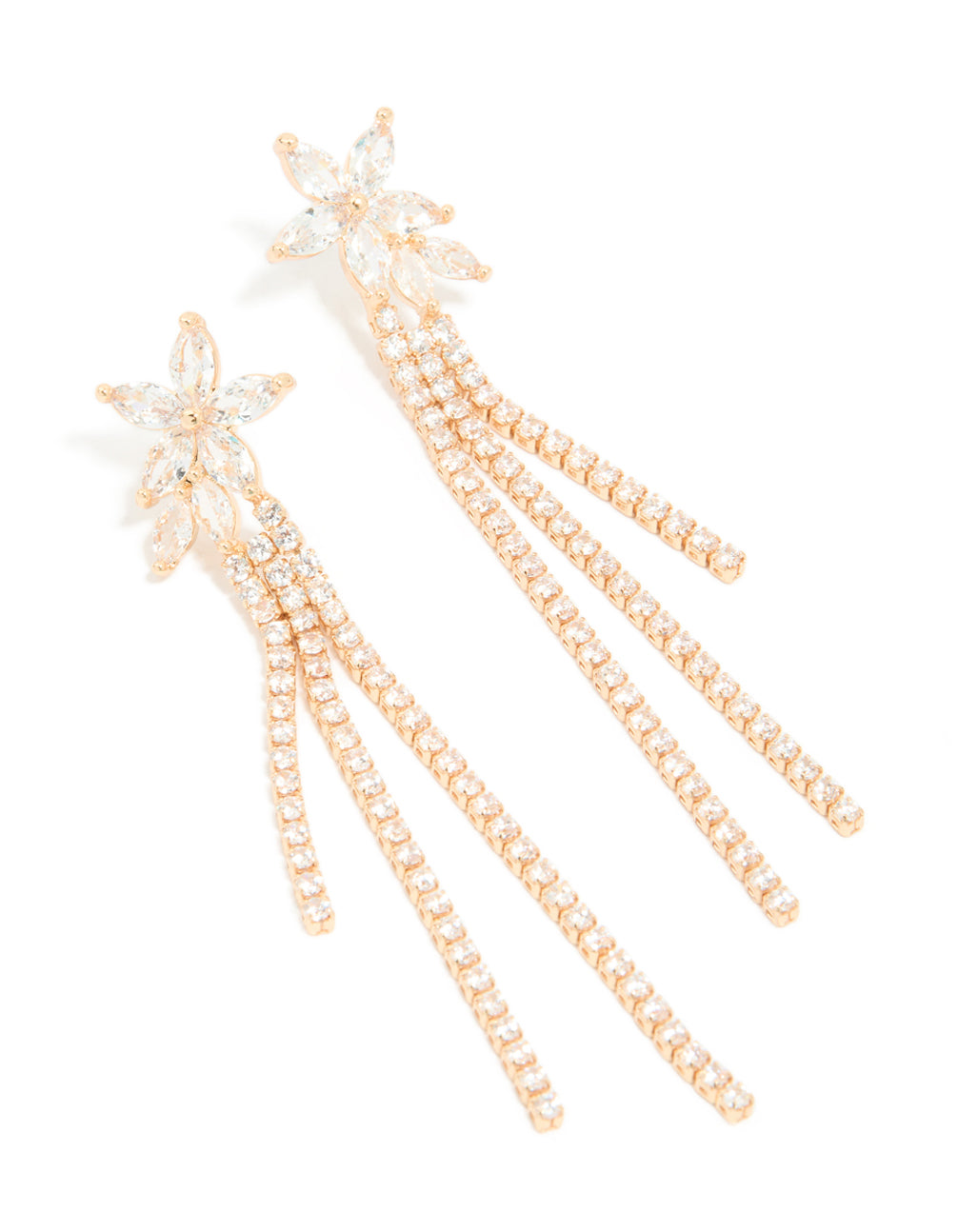 Gold Cubic Zirconia Flower Cup Chain Drop Earrings