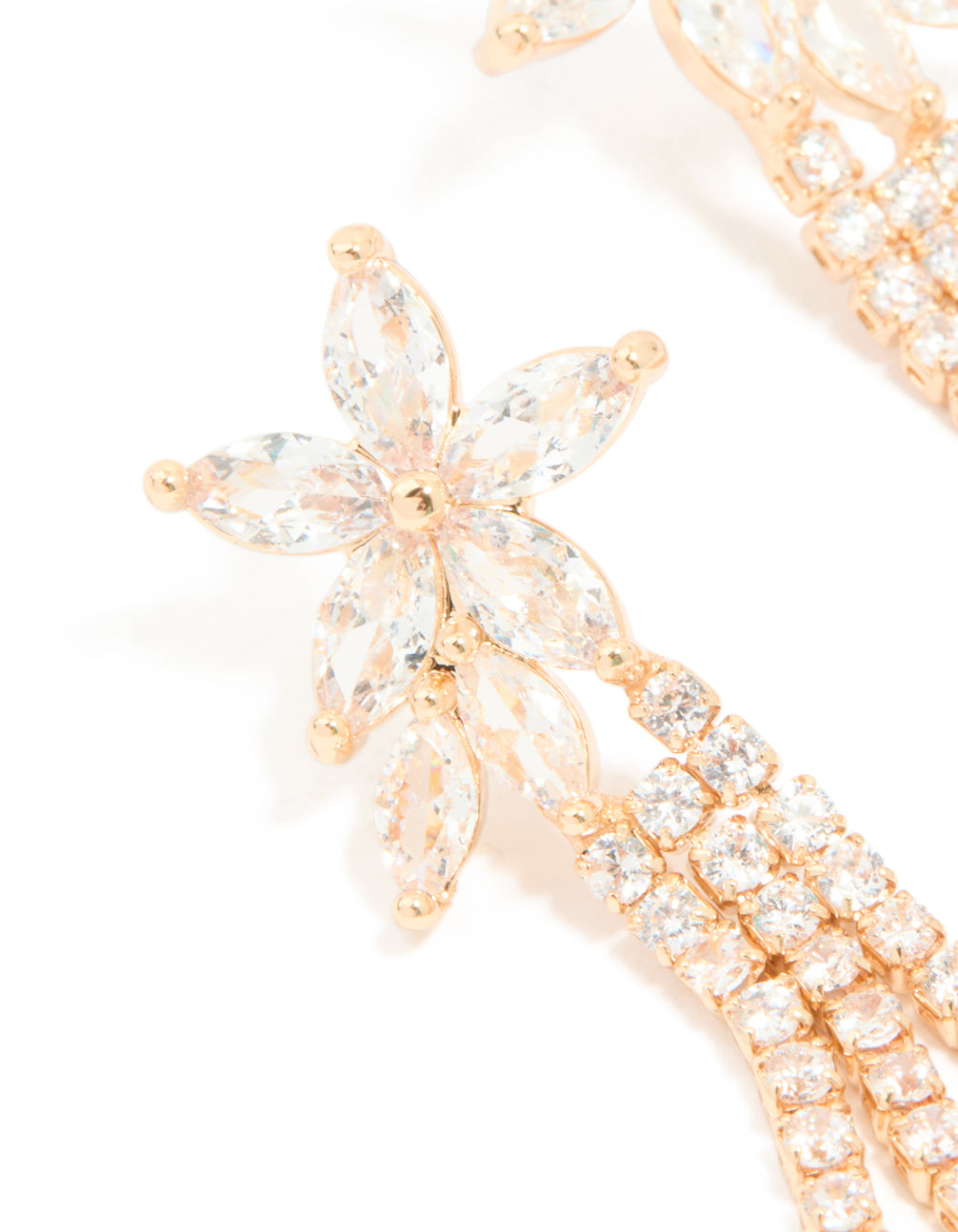 Gold Cubic Zirconia Flower Cup Chain Drop Earrings
