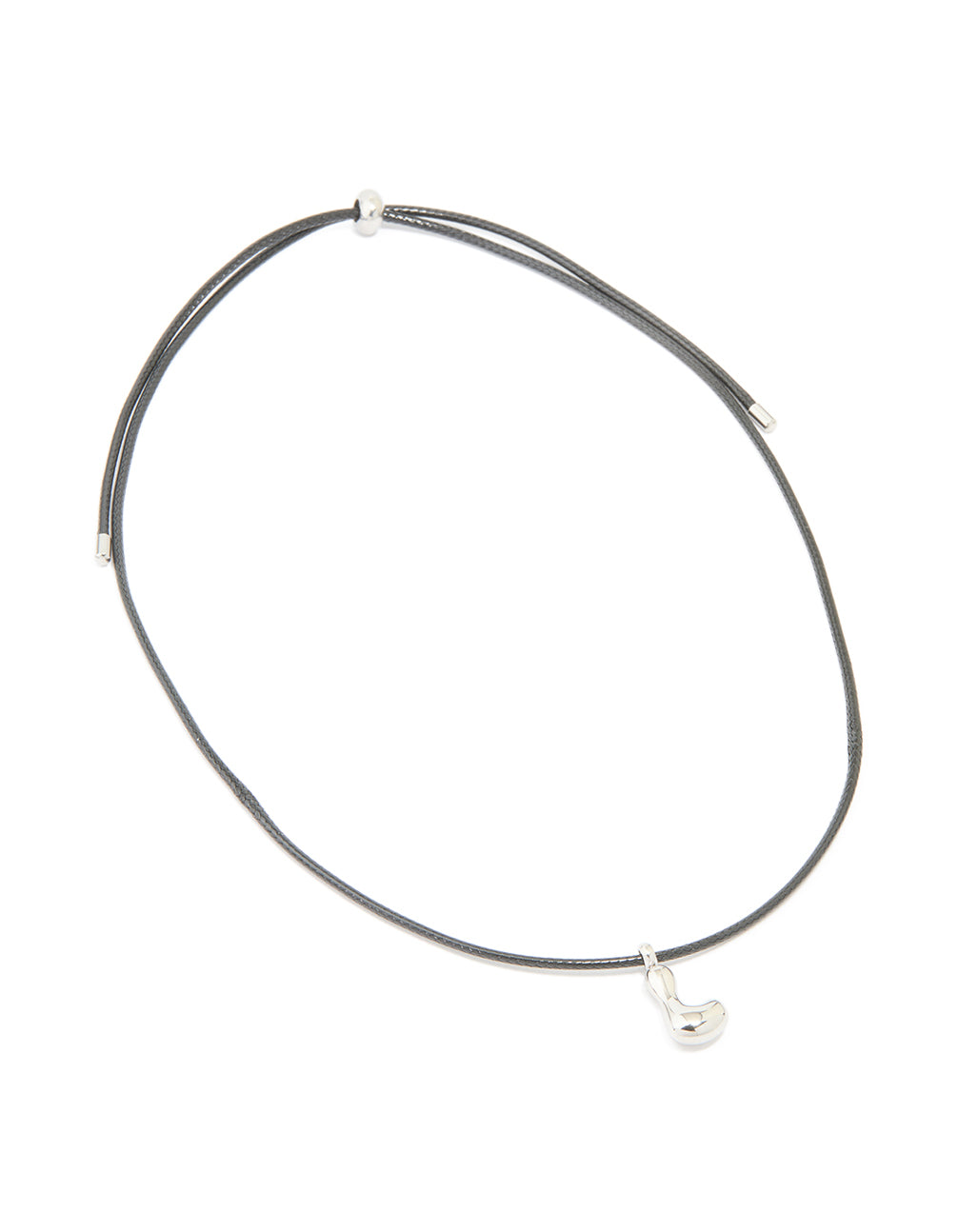 Highlighting a waterproof cord necklace with stainless steel large bubble letter L initial pendant front view