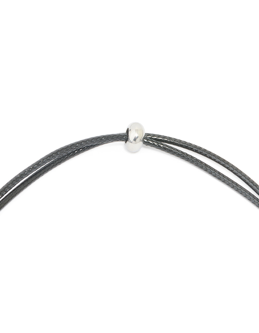Presenting adjustable slider closure detail on waterproof grey cord with stainless steel large bubble letter L initial pendant clasp detail view