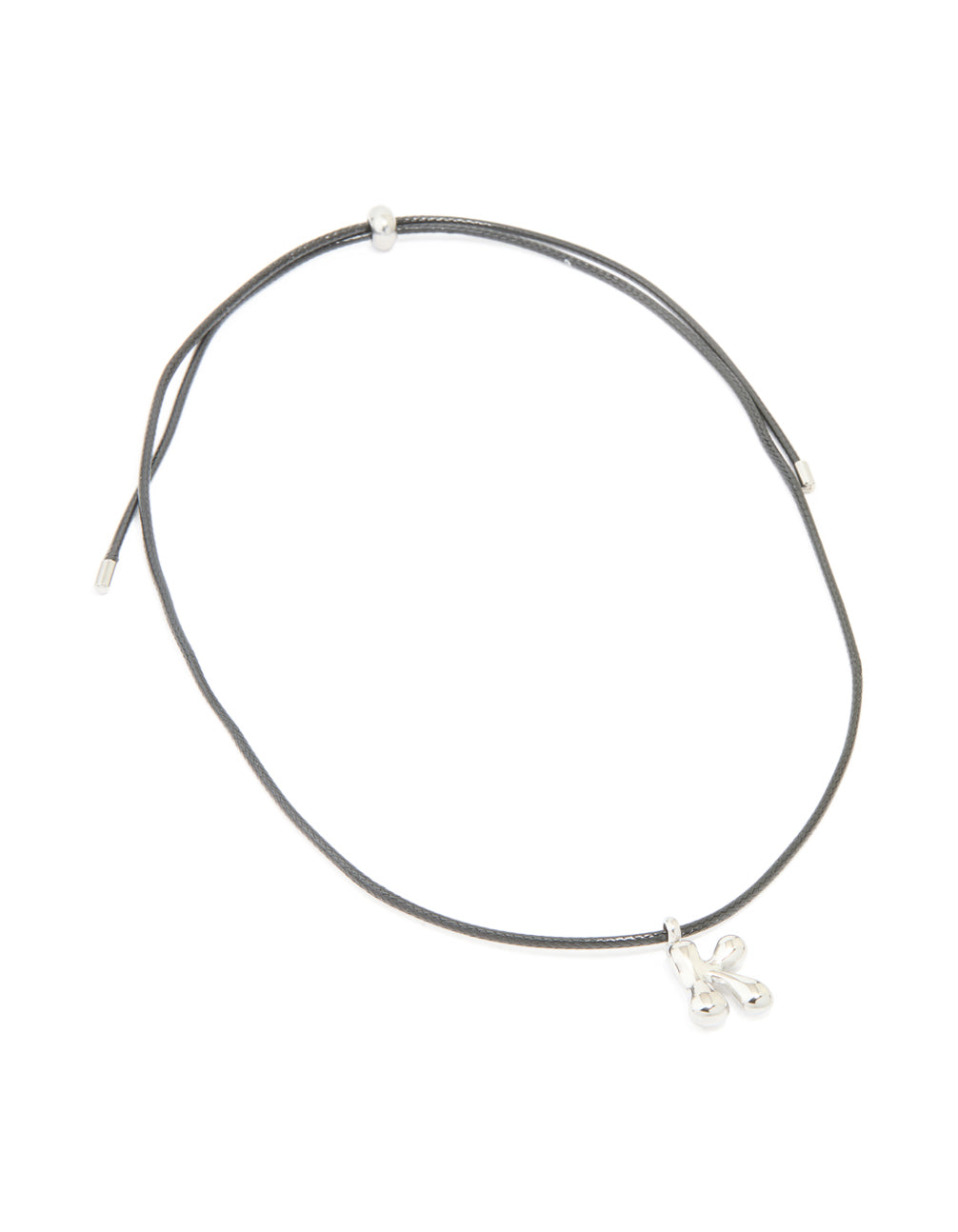 Featuring waterproof stainless steel and cord, this dainty necklace with large bubble letter K initials pendant front view