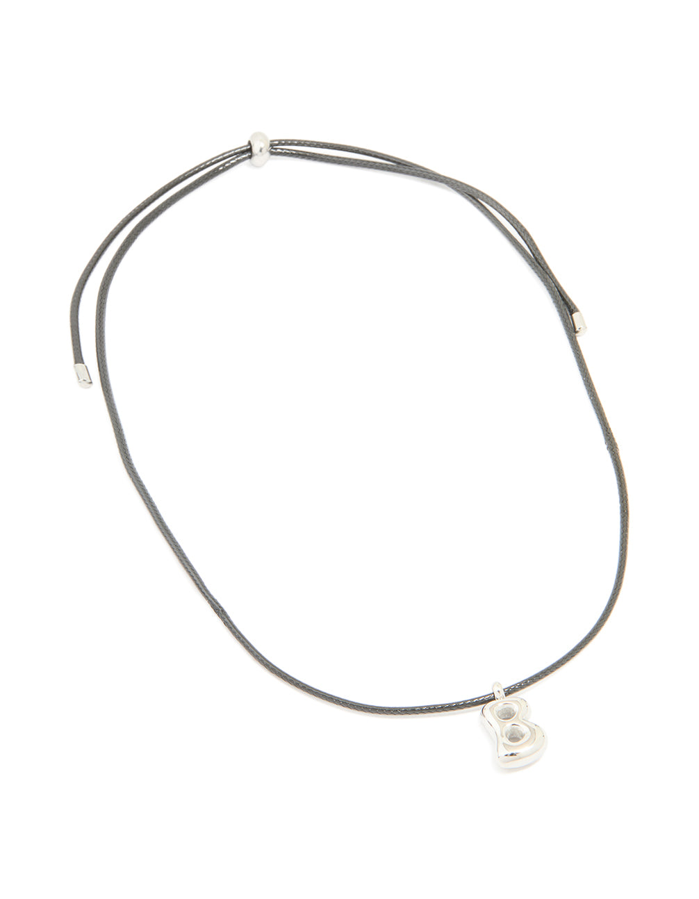 Featuring a waterproof stainless steel large bubble letter B cord necklace with initials pendant front view