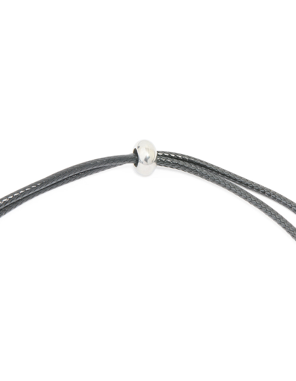 Highlighting the waterproof stainless steel large bubble letter J grey cord dainty style necklace with initial pendant in silver clasp detail view