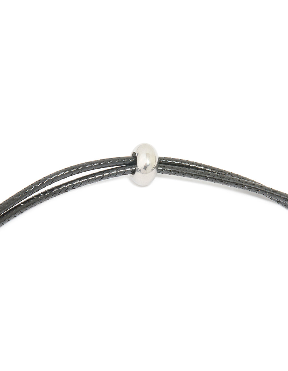 Highlighting the large bubble letter E silver pendant necklace crafted from waterproof stainless steel with grey cord detail clasp detail view