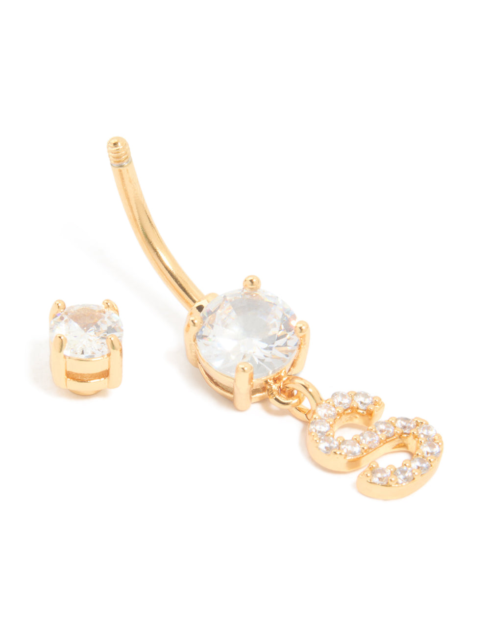 Gold Plated Surgical Steel Cubic Zirconia Pavé Letter S Belly Bar