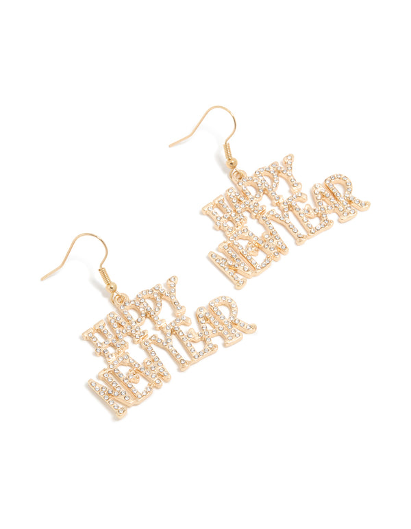 Gold Diamante Happy New Year Drop Earrings