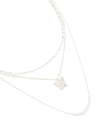 Silver Plated Cubic Zirconia Butterfly, Pearls & Chain Layered Necklace - link has visual effect only