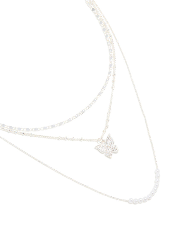 Silver Plated Cubic Zirconia Butterfly, Pearls & Chain Layered Necklace