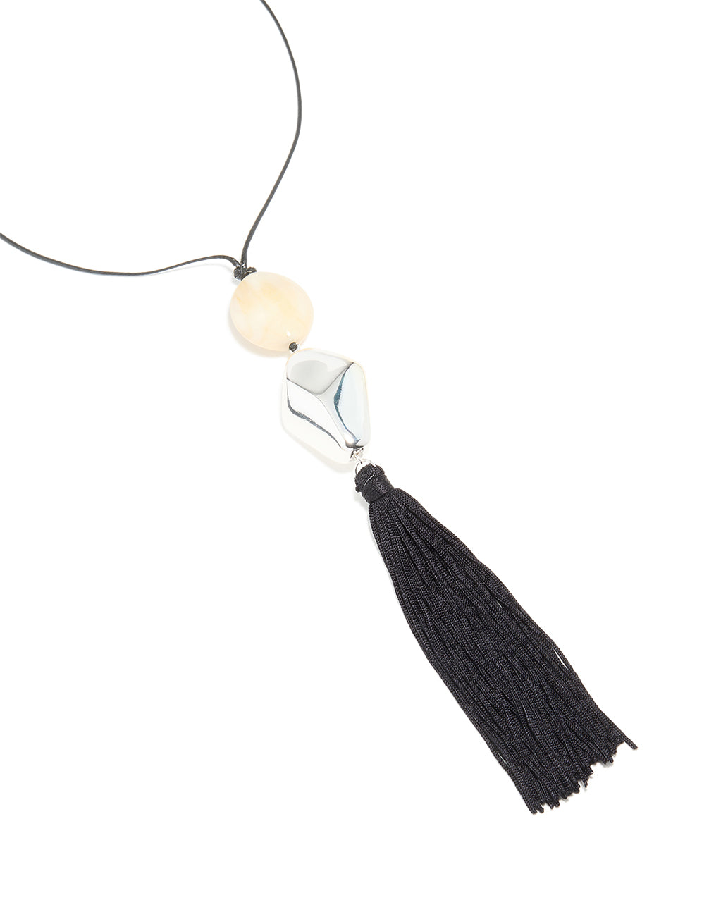 Silver Molten Cream Bead & Black Tassel Cord Necklace