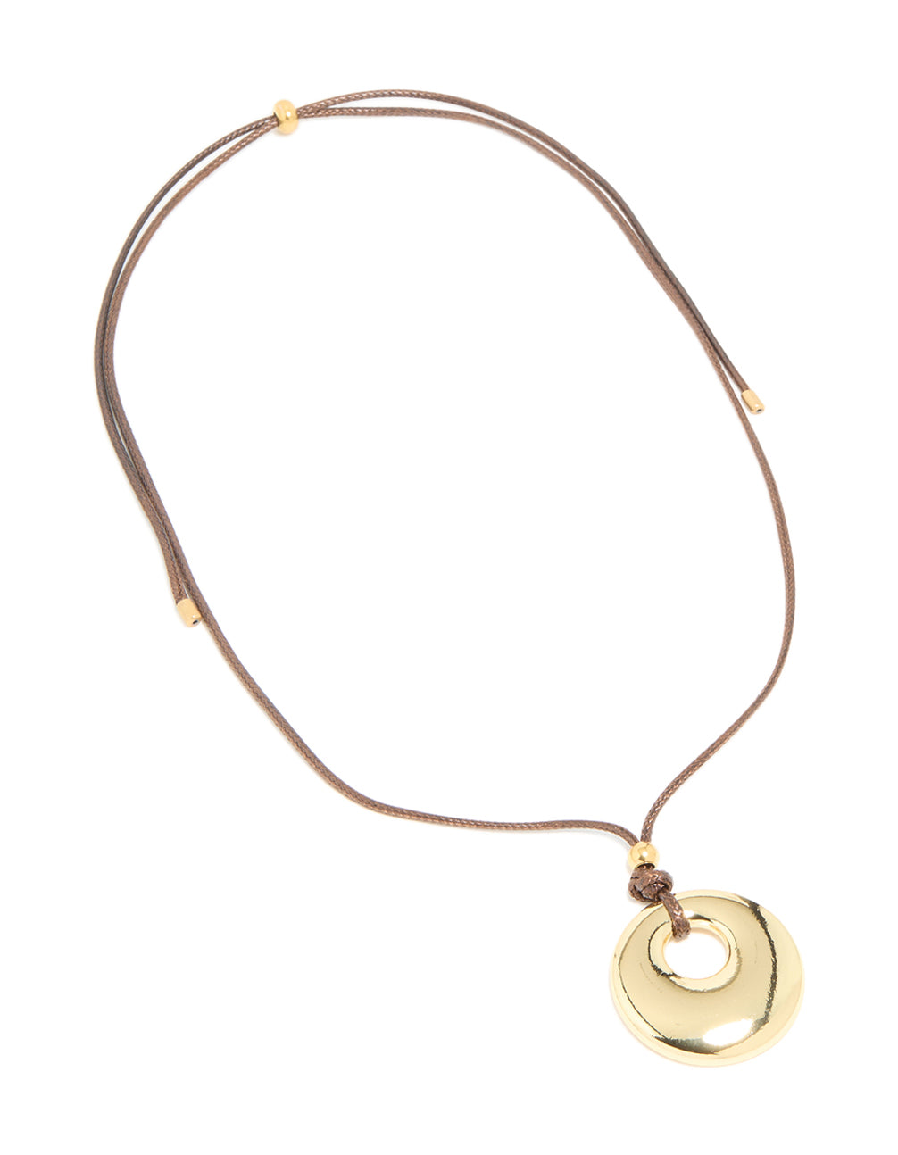 Waterproof Gold Plated Stainless Steel Circle Pendant Brown Cord Necklace