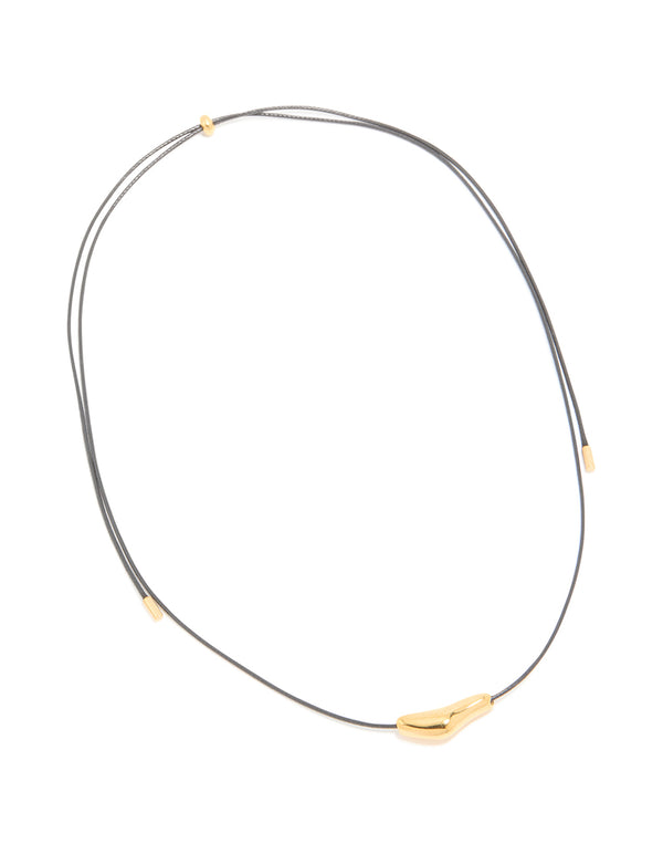 Waterproof Gold Plated Stainless Steel Molten Pebble Pendant Black Cord Necklace