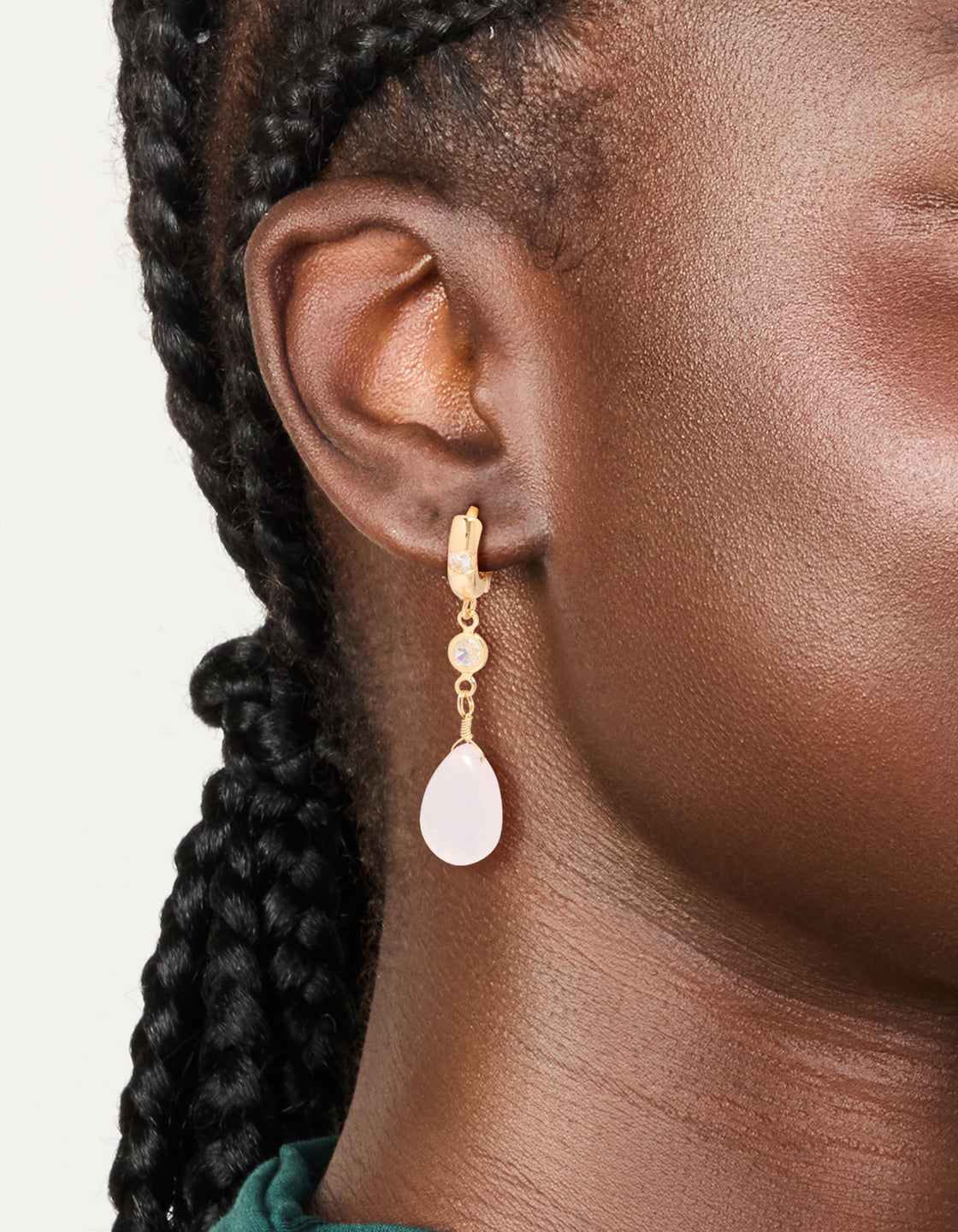Gold Plated Cubic Zirconia & Rose Quartz Semi Precious Stone Teardrop Earrings