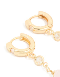 Gold Plated Cubic Zirconia & Rose Quartz Semi Precious Stone Teardrop Earrings - link has visual effect only