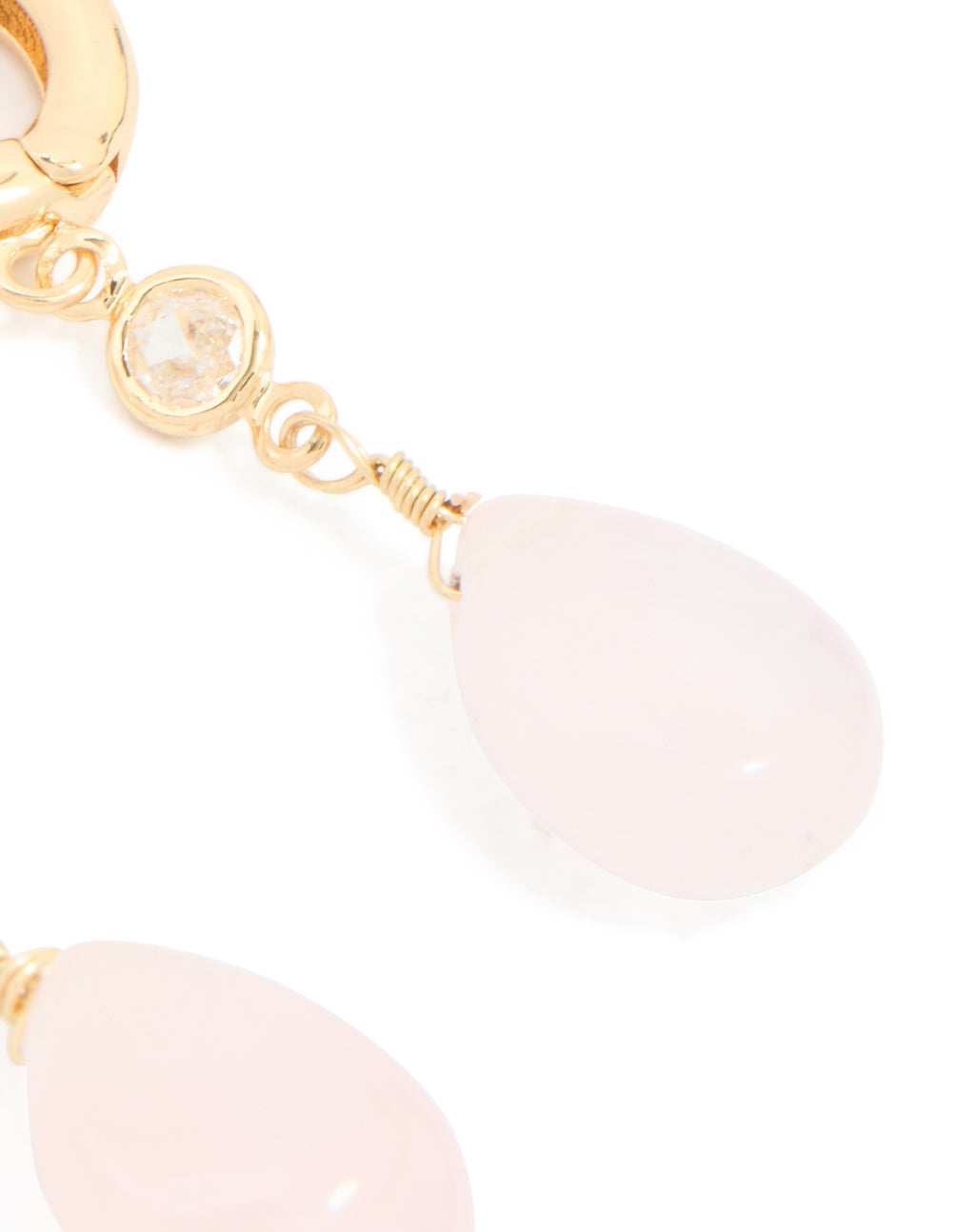 Gold Plated Cubic Zirconia & Rose Quartz Semi Precious Stone Teardrop Earrings