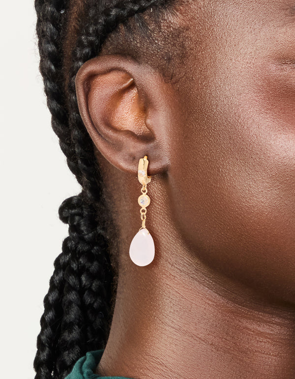 Gold Plated Cubic Zirconia & Rose Quartz Semi Precious Stone Teardrop Earrings