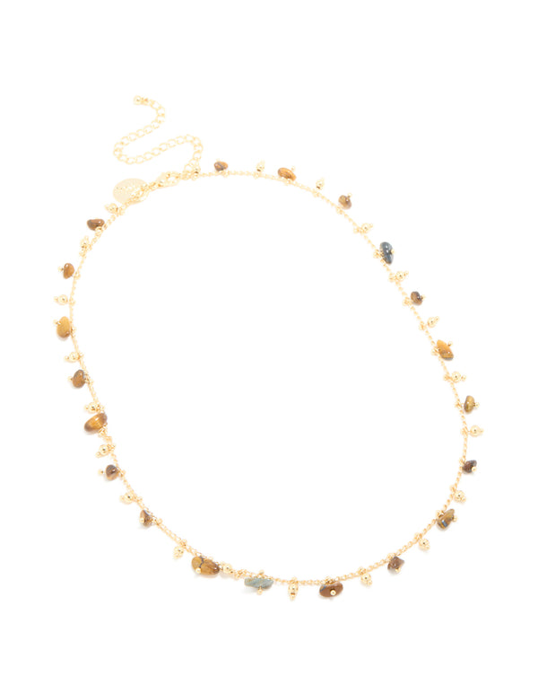 Gold Plated Tigers Eye Semi Precious Stone Short Necklace