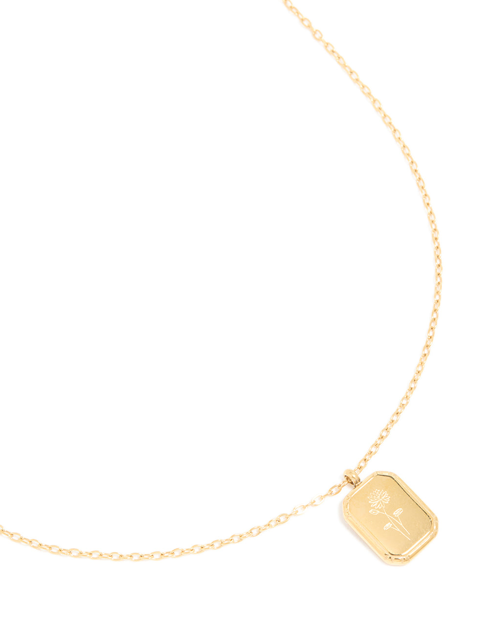 Featuring a waterproof birth flower July larkspur necklace in gold plated stainless steel with floral detail close up view