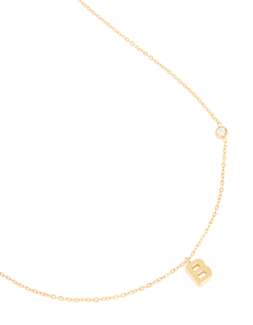 Beautifully crafted waterproof letter B initial pendant necklace in dainty gold plated stainless steel close up view