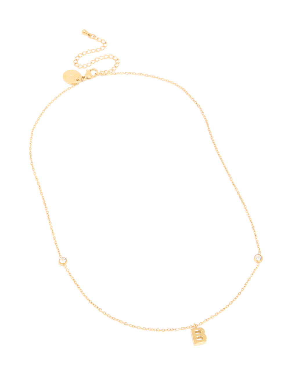 Featuring a waterproof letter B initial pendant necklace in dainty gold plated stainless steel front up view