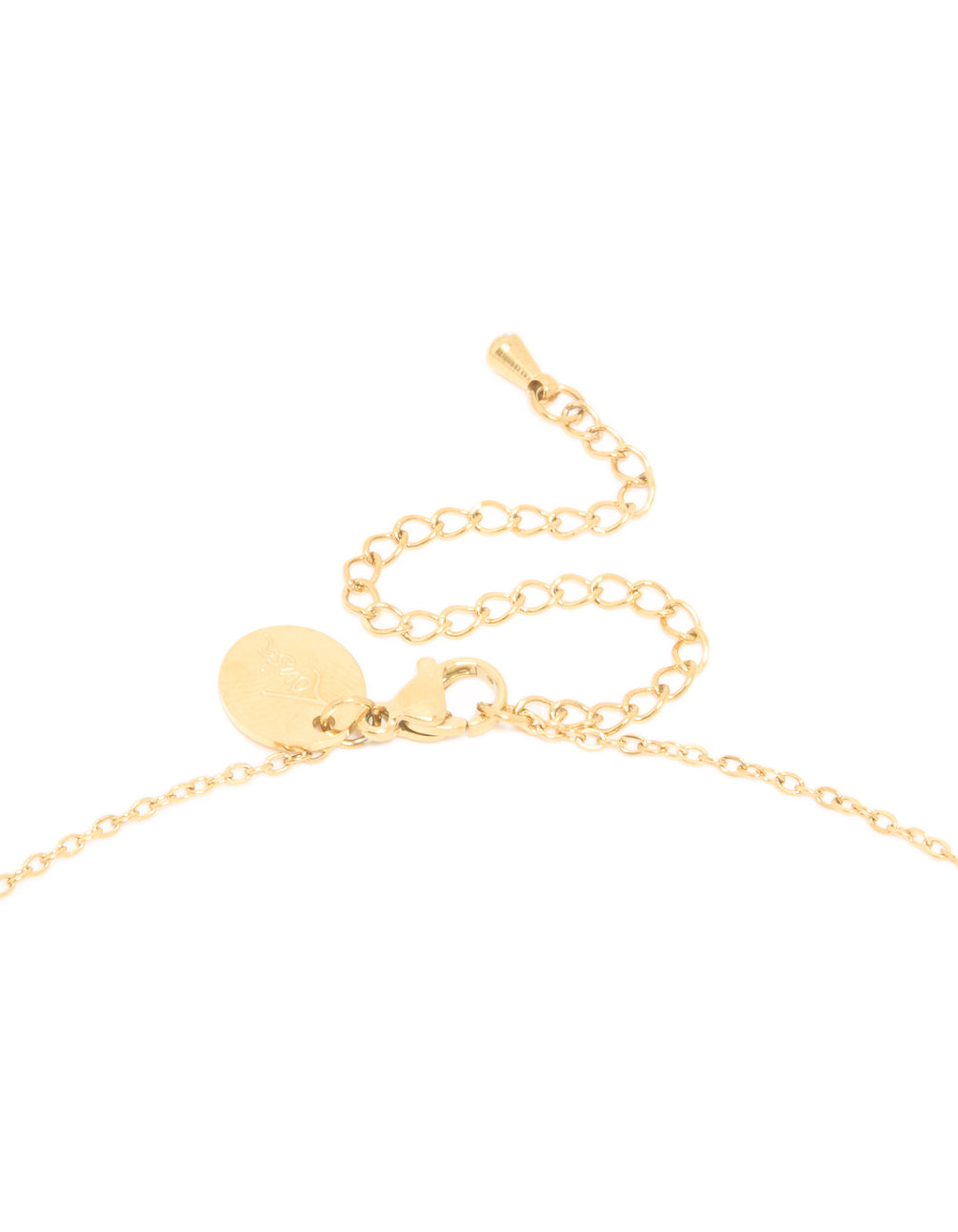 Designed with waterproof letter B initial pendant in dainty gold plated stainless steel clasp detail view