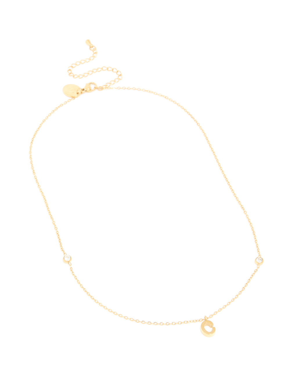 Designed with waterproof gold plated stainless steel, this letter C pendant necklace features dainty styling front view