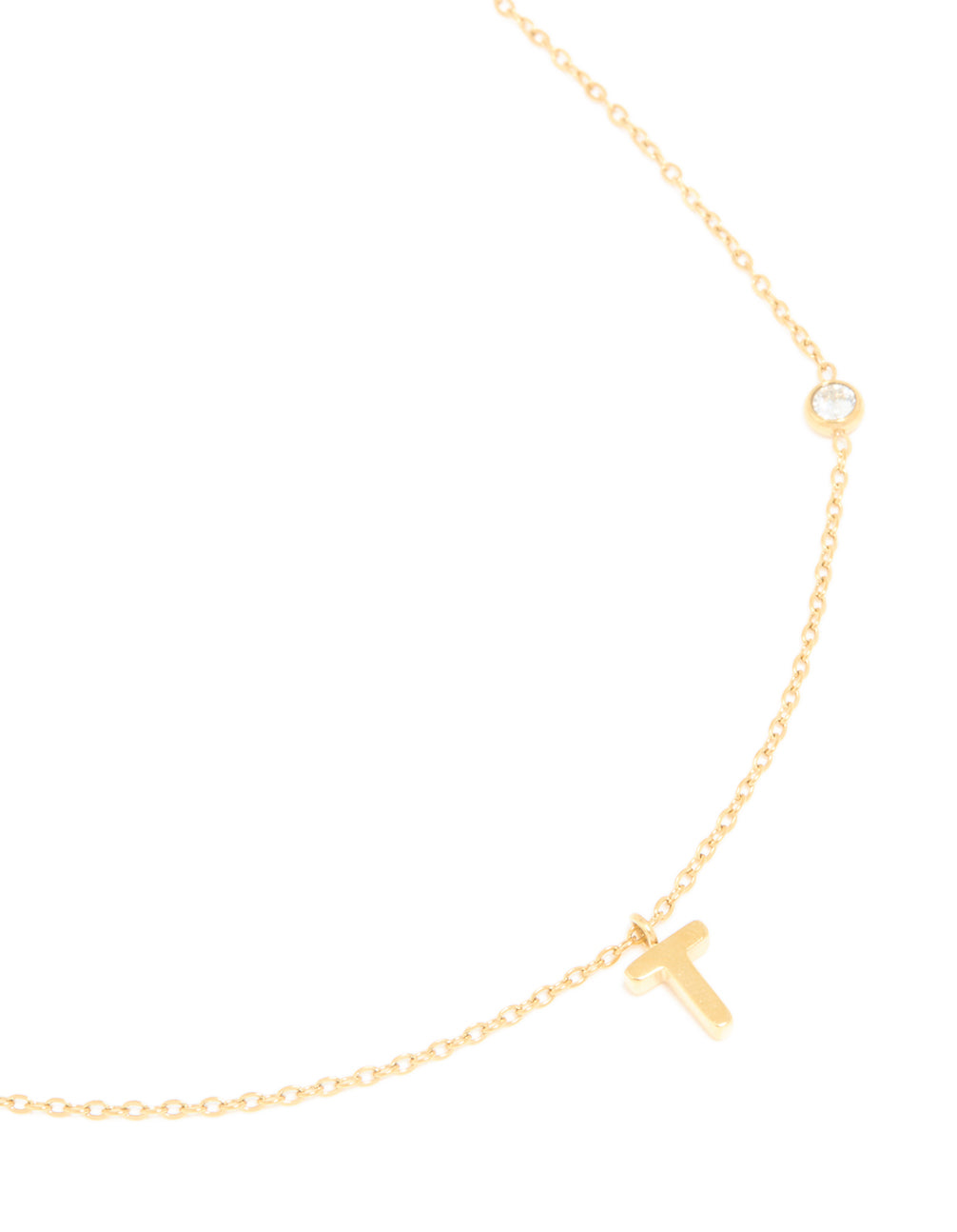 Showcasing a waterproof letter T initial dainty pendant necklace in gold plated stainless steel close up view