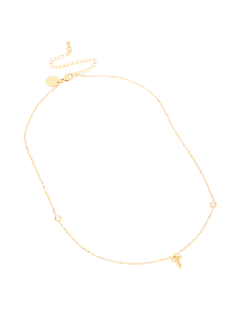 Presenting a waterproof letter T initial dainty pendant necklace crafted with gold plated stainless steel front view