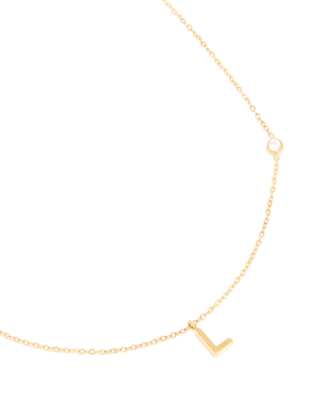 Crafted from waterproof gold plated stainless steel, this dainty pendant necklace featuring beads with initial charm letter L close up view