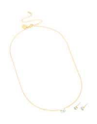 Waterproof Gold Plated Stainless Steel March Blue Cubic Zirconia Birthstone Necklace & Earrings Set - link has visual effect only