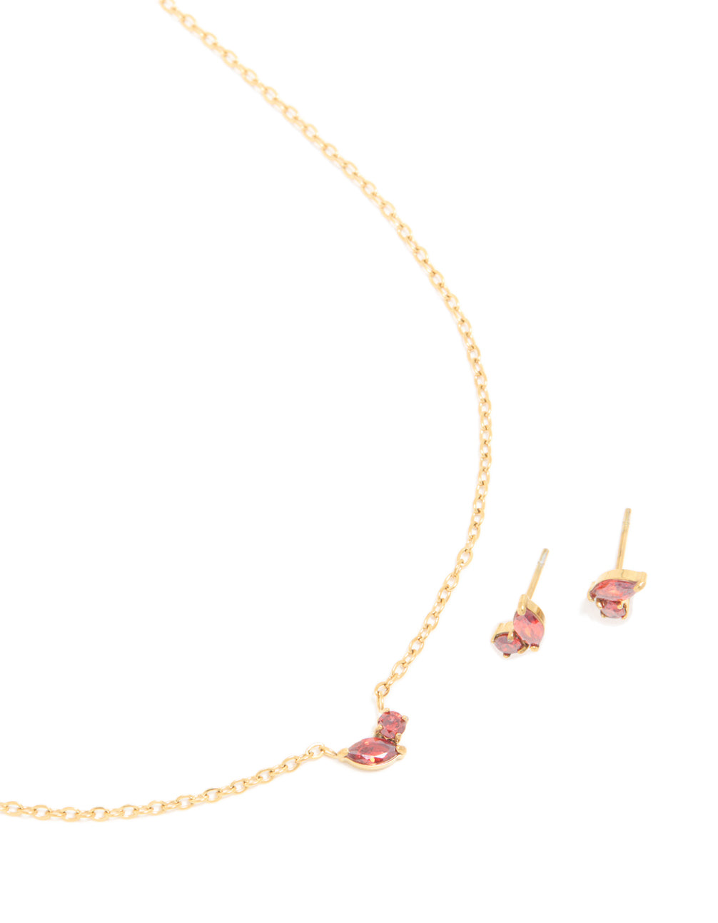 Waterproof Gold Plated Stainless Steel January Red Cubic Zirconia Birthstone Necklace & Earrings Set