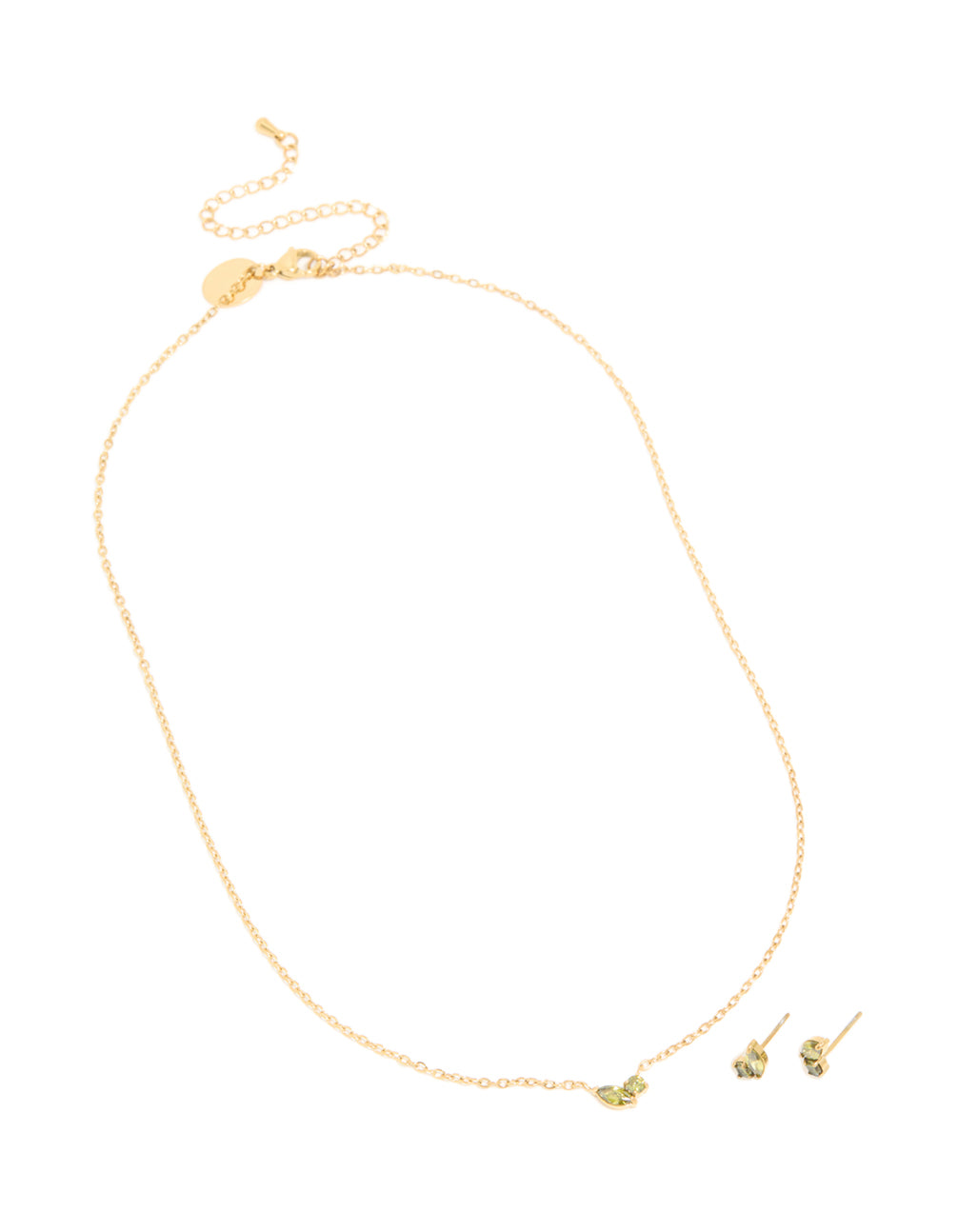 Waterproof Gold Plated Stainless Steel August Light Green Cubic Zirconia Birthstone Necklace & Earrings Set