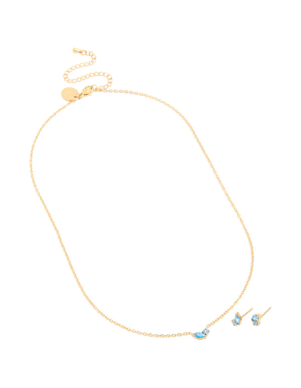 Waterproof Gold Plated Stainless Steel December Cubic Zirconia Blue Birthstone Necklace & Earrings Set